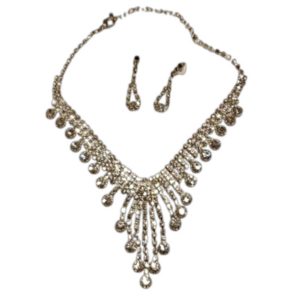 Rhinestone Bridal Necklace Earrings Set Silver Tone Dangle Chandelier